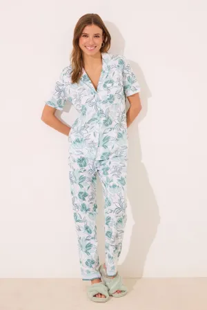 100% cotton classic pyjamas with green flowers - White