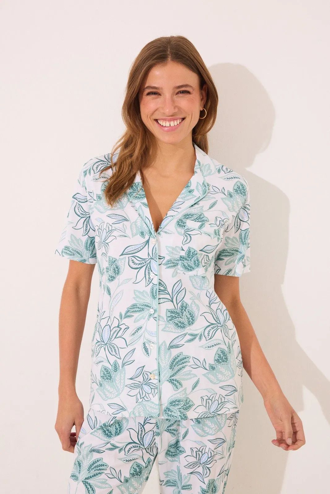 100% cotton classic pyjamas with green flowers - White