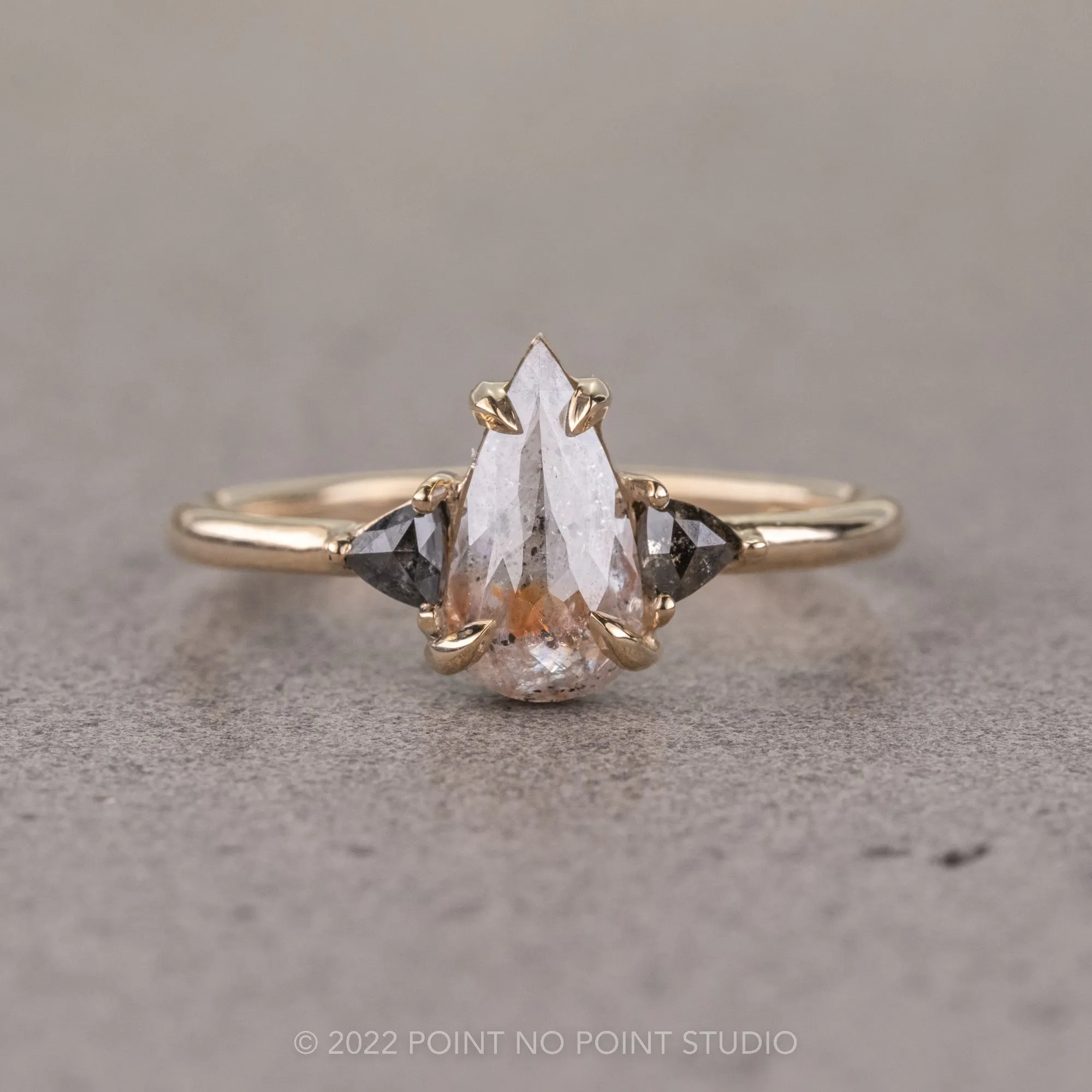 1.23 Carat Orange Salt and Pepper Pear Diamond Engagement Ring, Zoe Setting, 14k Yellow Gold