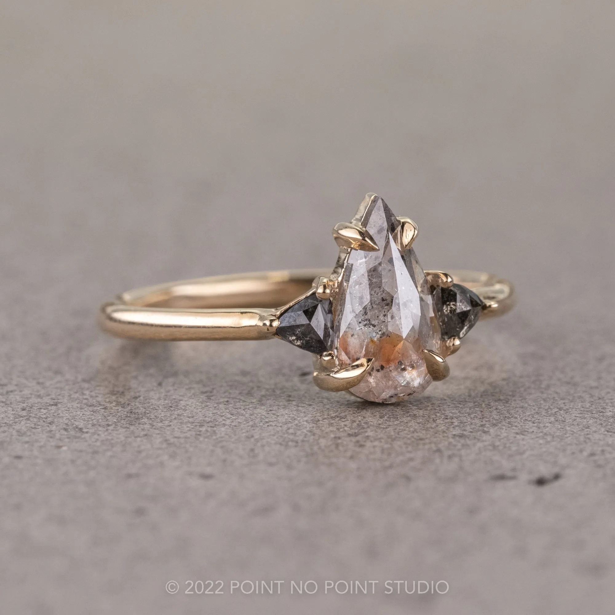 1.23 Carat Orange Salt and Pepper Pear Diamond Engagement Ring, Zoe Setting, 14k Yellow Gold