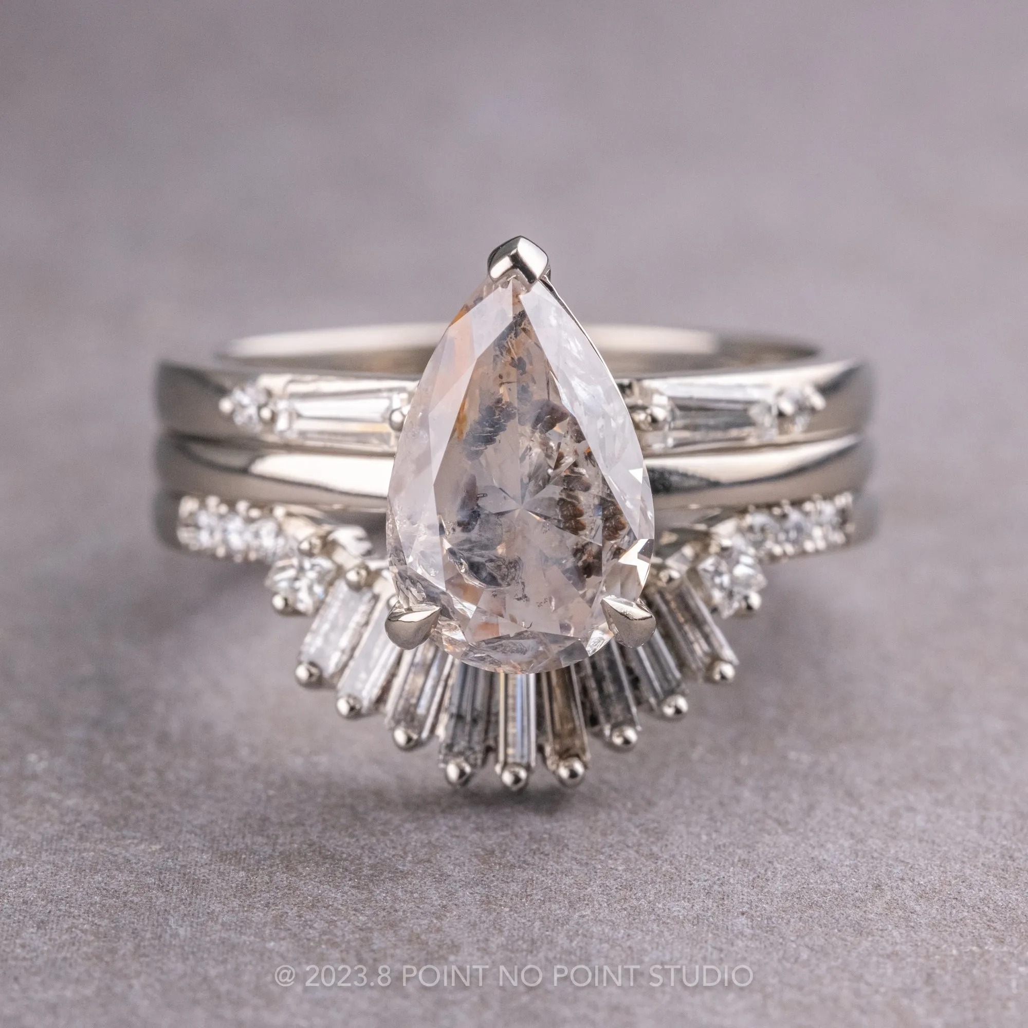 2.50 Carat Salt and Pepper Pear Diamond Engagement Ring, Basket Jane Setting, 14k White Gold