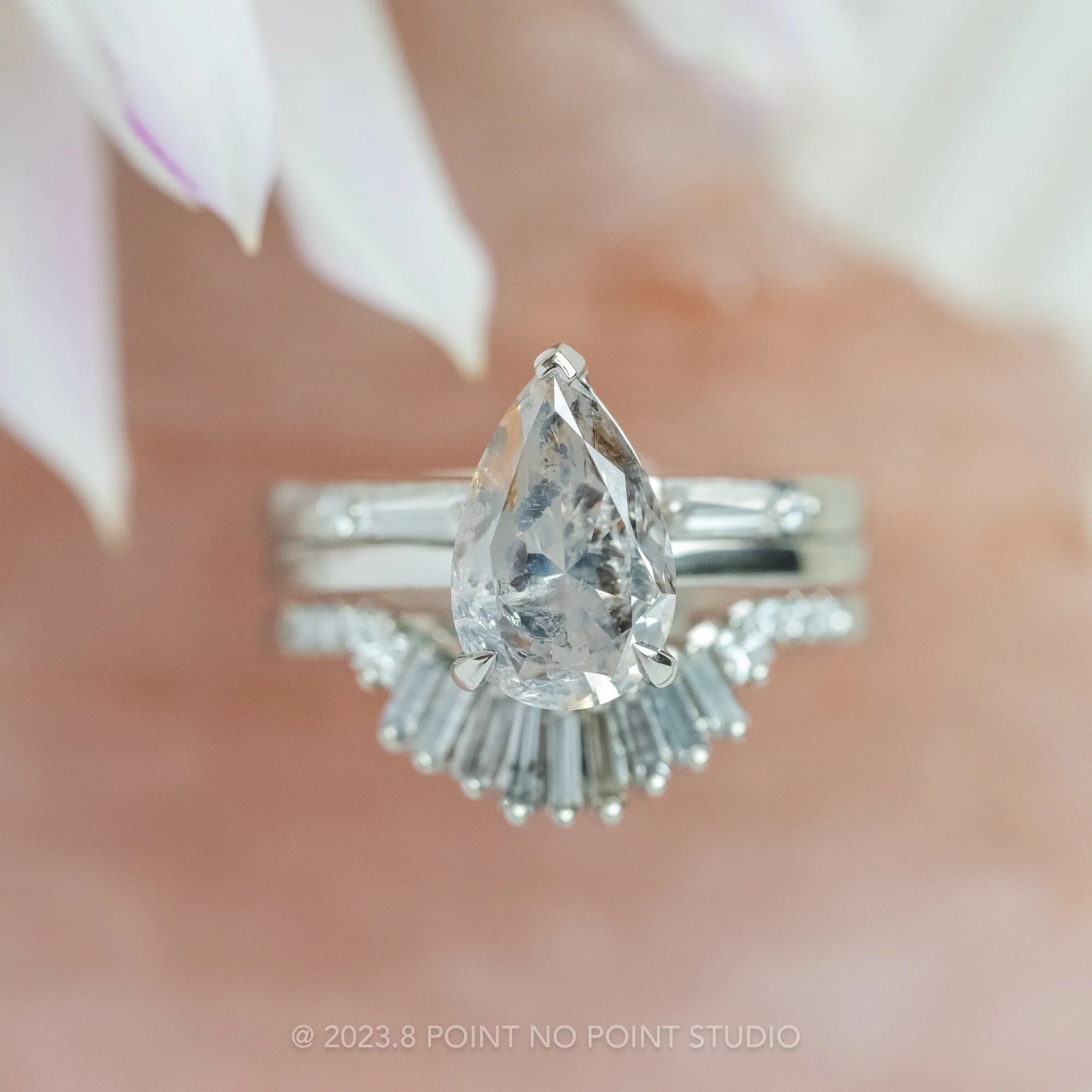 2.50 Carat Salt and Pepper Pear Diamond Engagement Ring, Basket Jane Setting, 14k White Gold