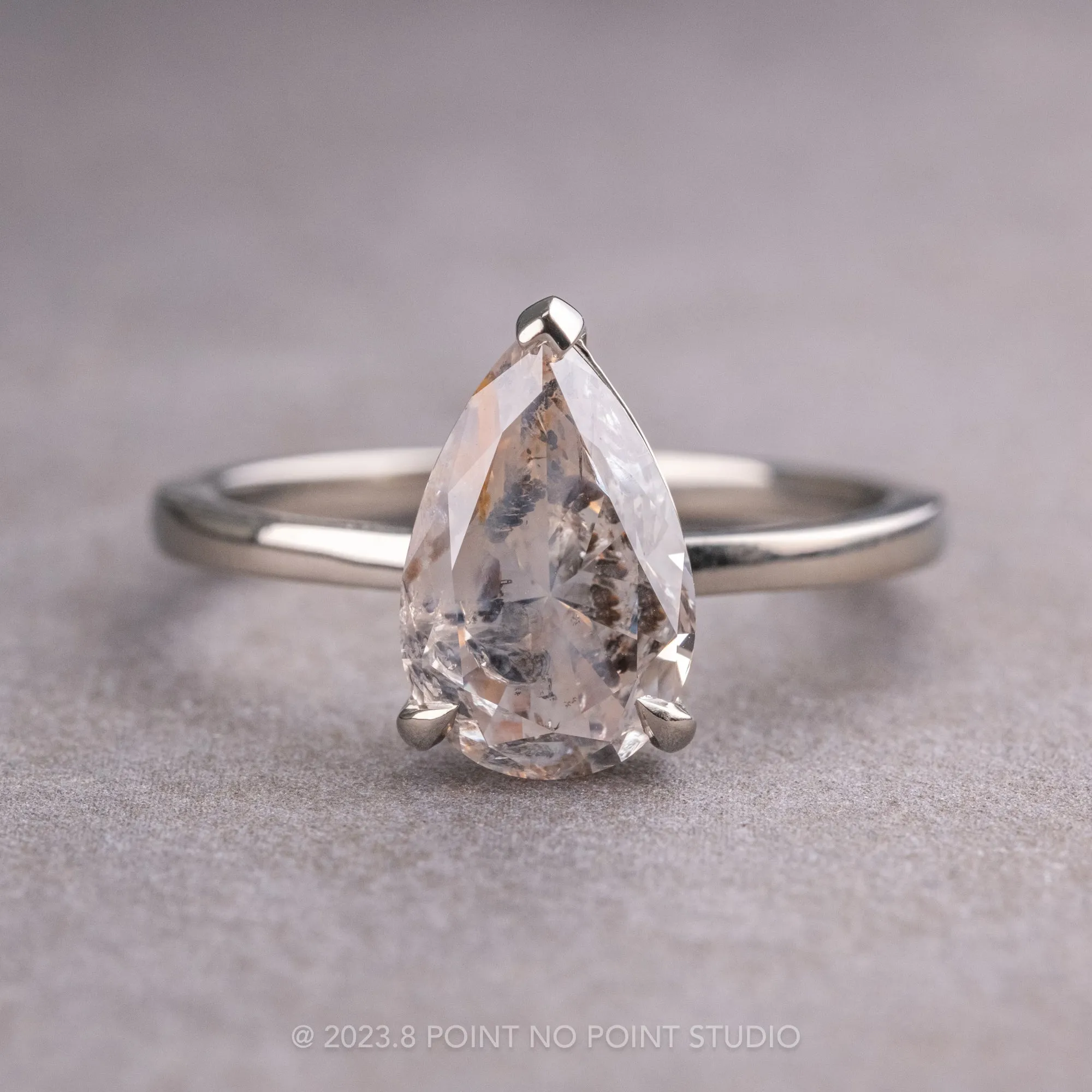 2.50 Carat Salt and Pepper Pear Diamond Engagement Ring, Basket Jane Setting, 14k White Gold