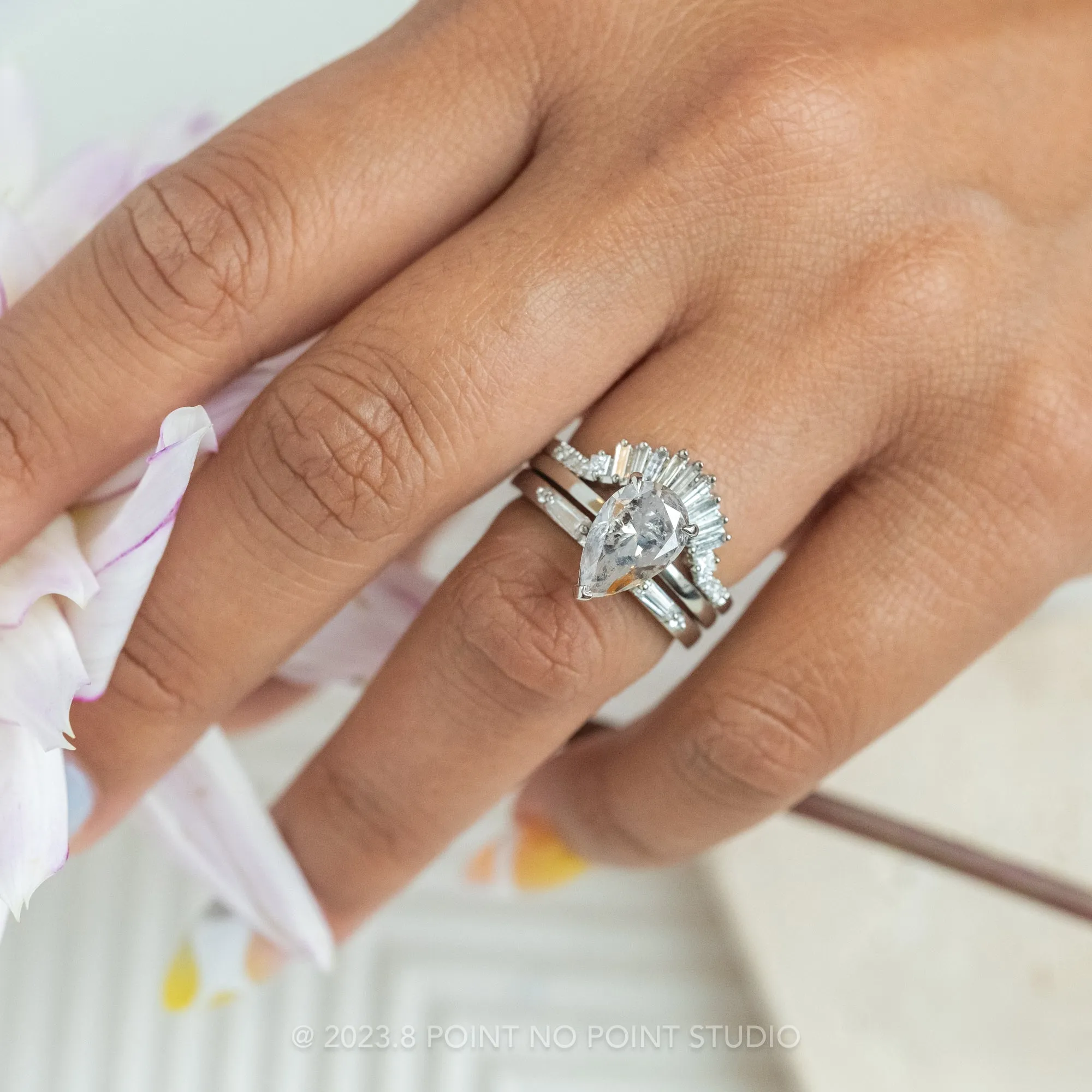 2.50 Carat Salt and Pepper Pear Diamond Engagement Ring, Basket Jane Setting, 14k White Gold