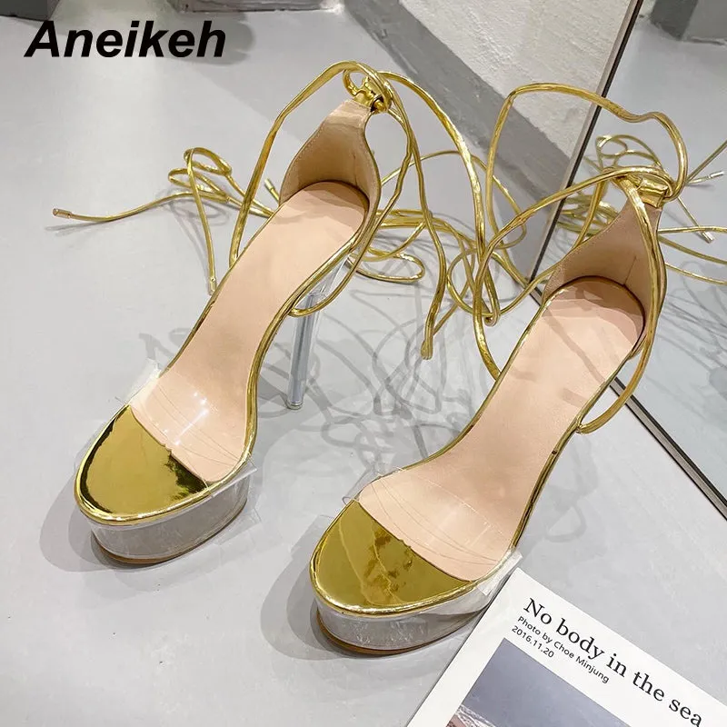 Aneikeh Ultra High Crystal Platform Sandalias Peep Toe Ankle-Wrap Buckle Strap Shoes