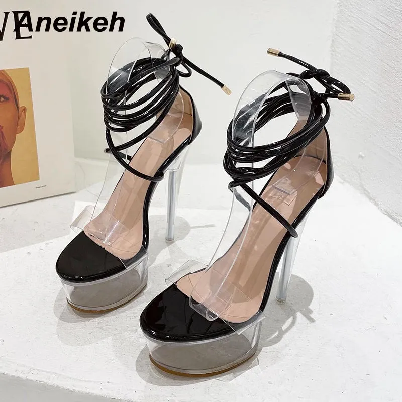 Aneikeh Ultra High Crystal Platform Sandalias Peep Toe Ankle-Wrap Buckle Strap Shoes