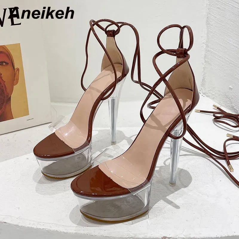 Aneikeh Ultra High Crystal Platform Sandalias Peep Toe Ankle-Wrap Buckle Strap Shoes