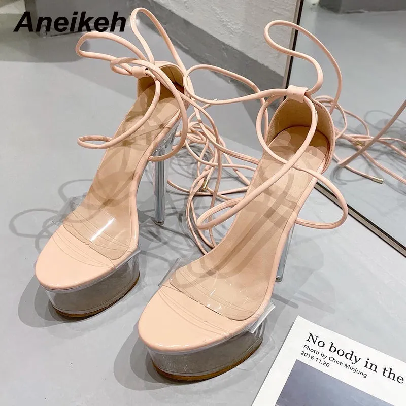 Aneikeh Ultra High Crystal Platform Sandalias Peep Toe Ankle-Wrap Buckle Strap Shoes