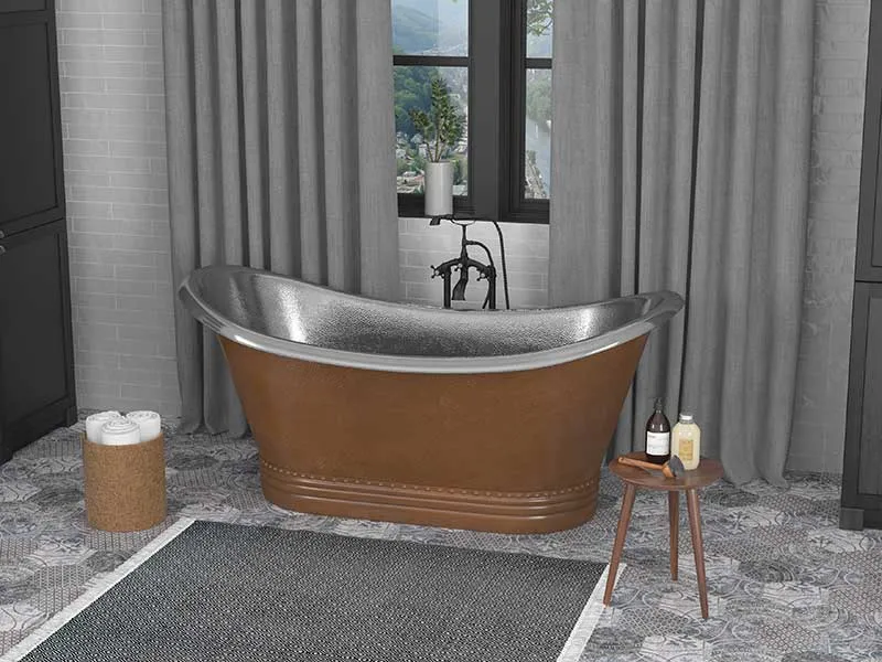 Anzzi Bali 67 in. Handmade Copper Double Slipper Flatbottom Non-Whirlpool Bathtub in Hammered Antique Copper