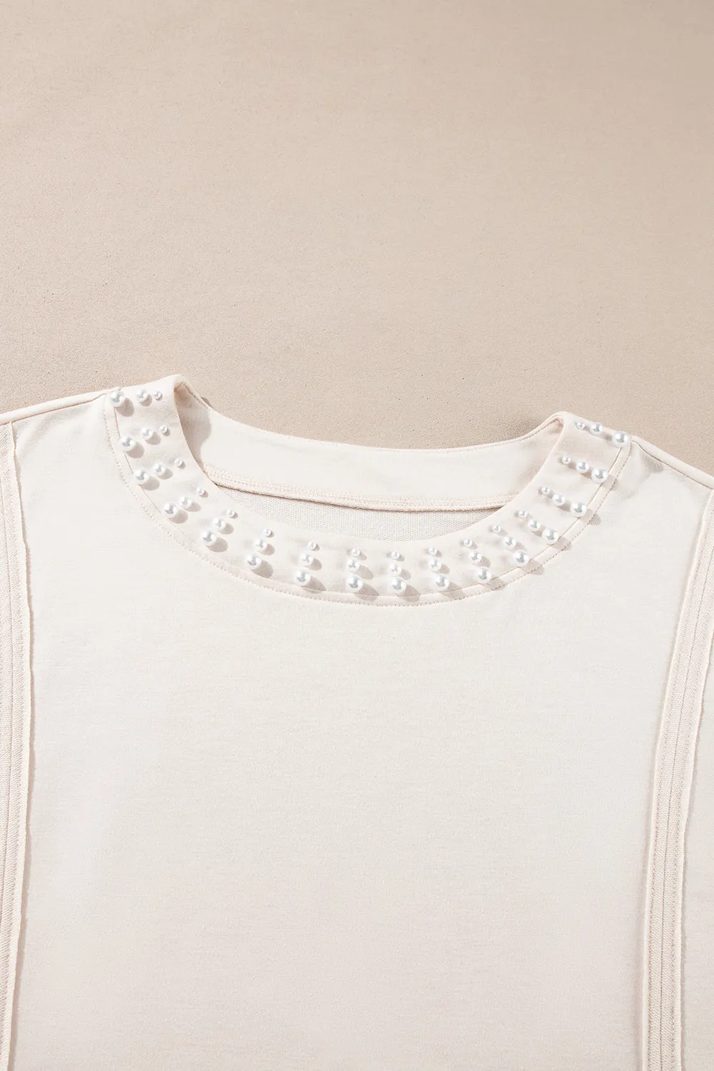 Beige Pearl Decor Crew Neck Half Sleeve Plus Size T Shirt