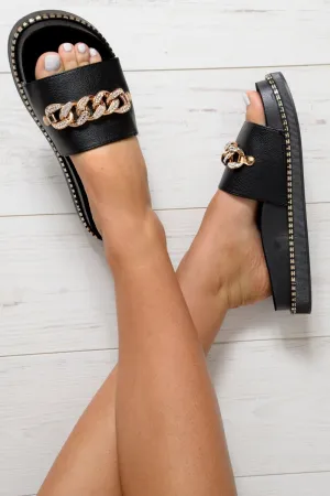Black Diamante Chain Flatform Sliders - Elliyah