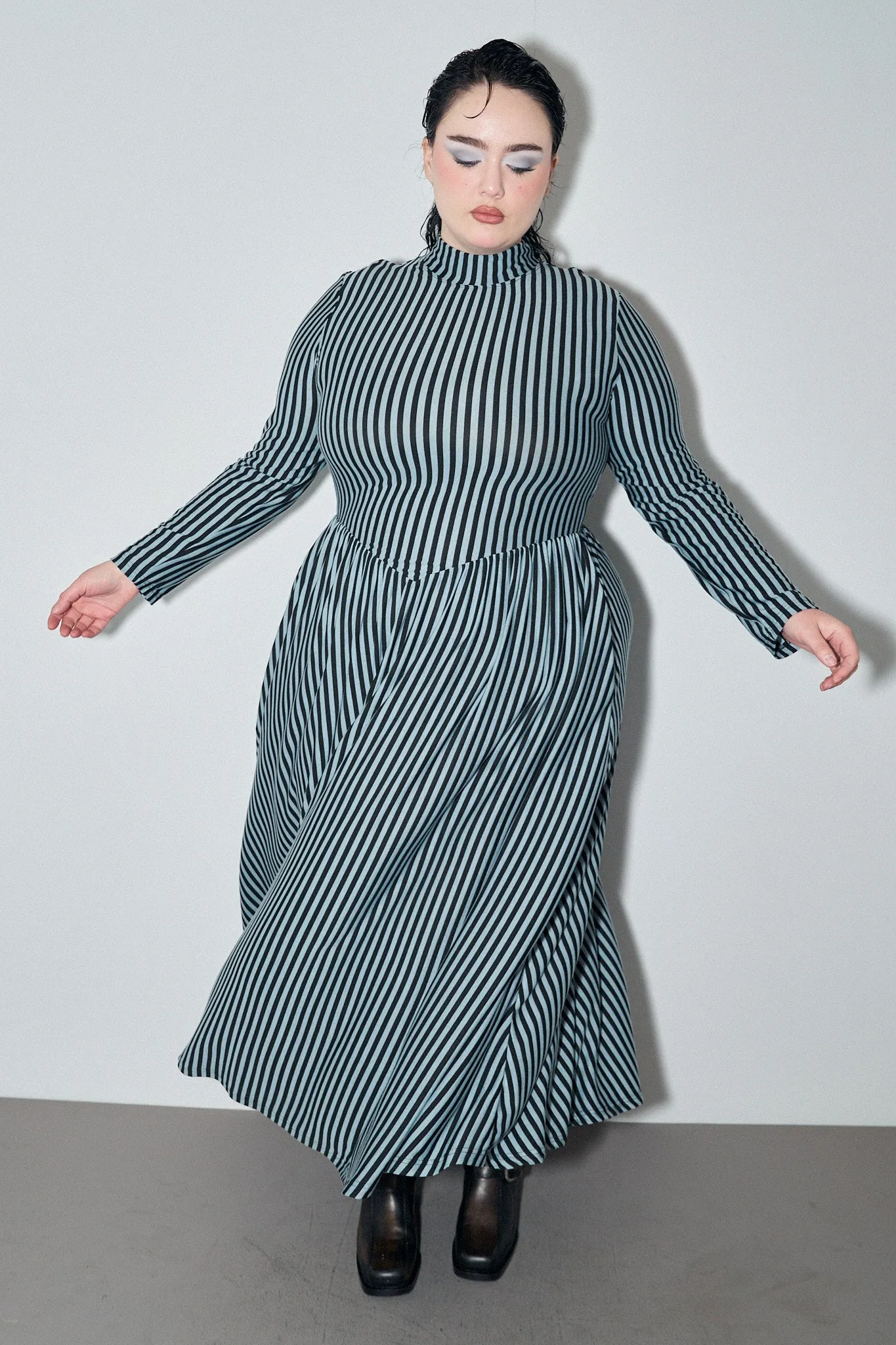 Blue Striped Tencel/Wool Long Sleeve Travel Dress