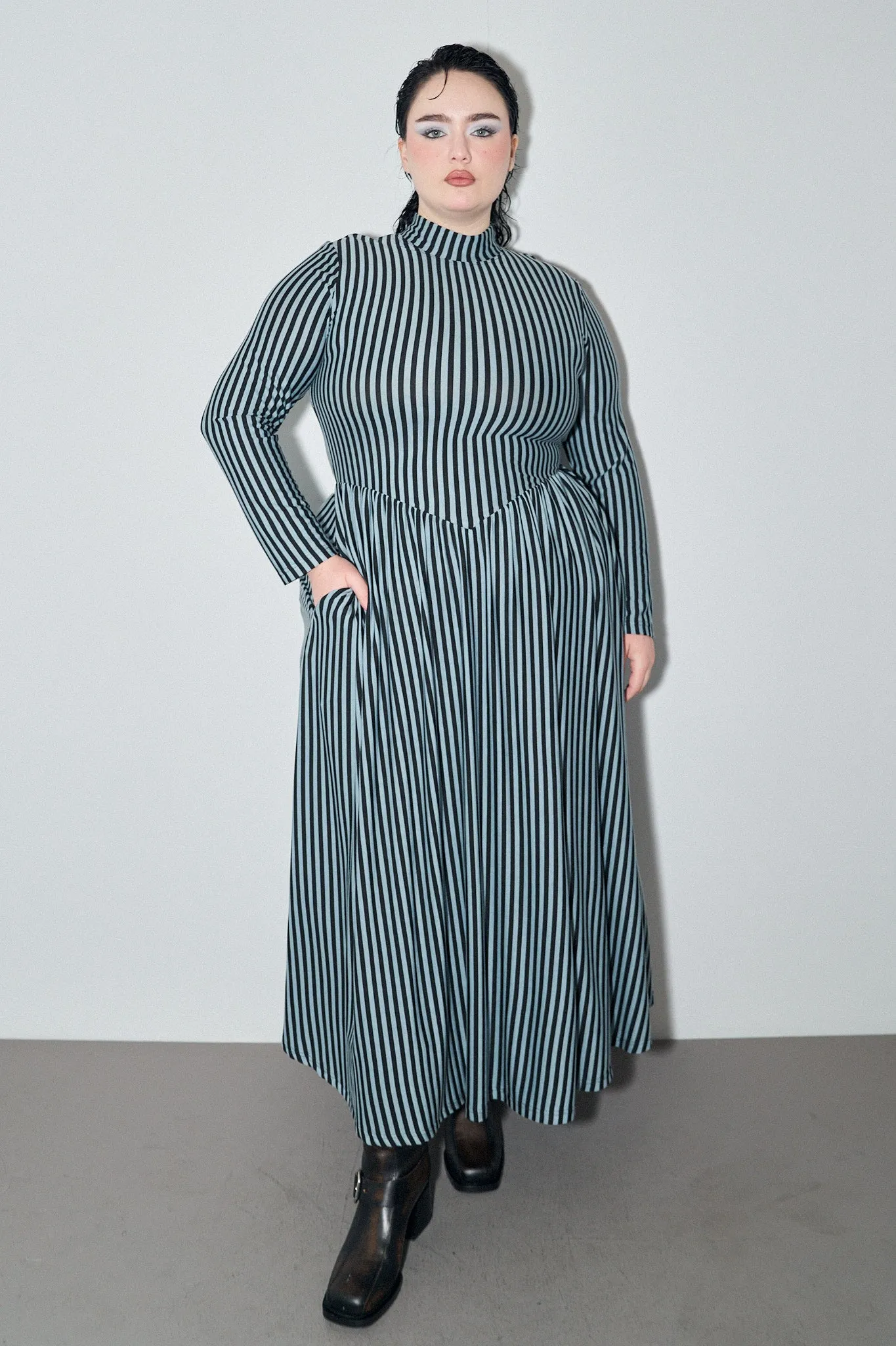 Blue Striped Tencel/Wool Long Sleeve Travel Dress