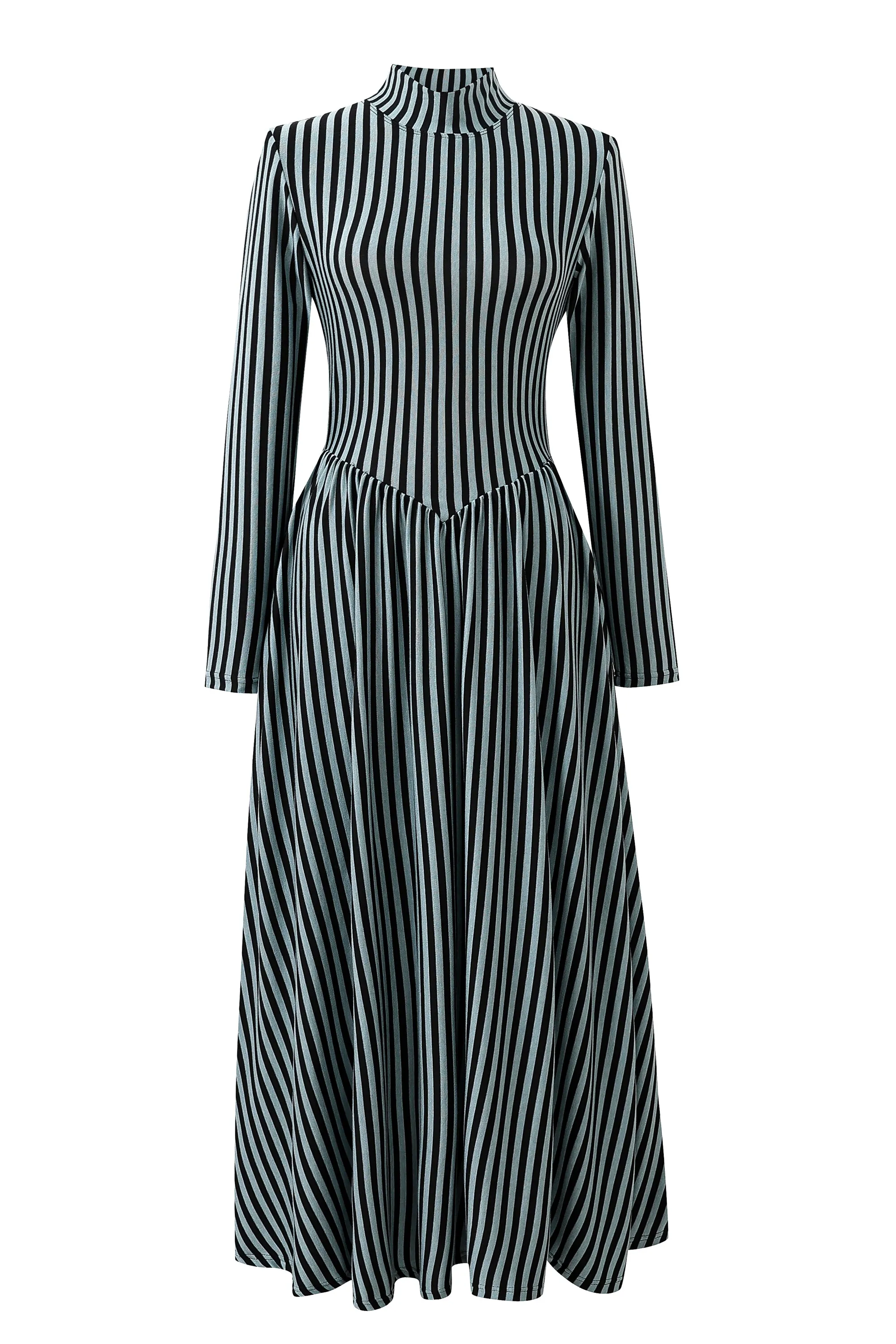Blue Striped Tencel/Wool Long Sleeve Travel Dress