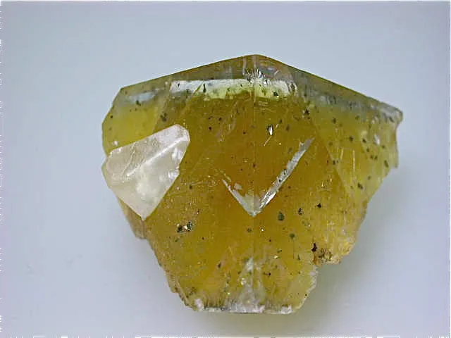 Calcite on Fluorite with Chalcopyrite Inclusions, attr: Bethel Level M. F. Oxford Mine #7, Ozark-Mahoning Company, Southern Illinois, Mined c. mid-1960s, Dr. Perry & Anne Bynum Collection, Small Cabinet 4.5 x 5.0 x 7.0 cm, $125.  Online 7/24. SOLD.