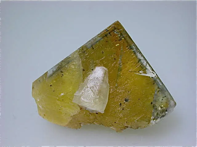 Calcite on Fluorite with Chalcopyrite Inclusions, attr: Bethel Level M. F. Oxford Mine #7, Ozark-Mahoning Company, Southern Illinois, Mined c. mid-1960s, Dr. Perry & Anne Bynum Collection, Small Cabinet 4.5 x 5.0 x 7.0 cm, $125.  Online 7/24. SOLD.