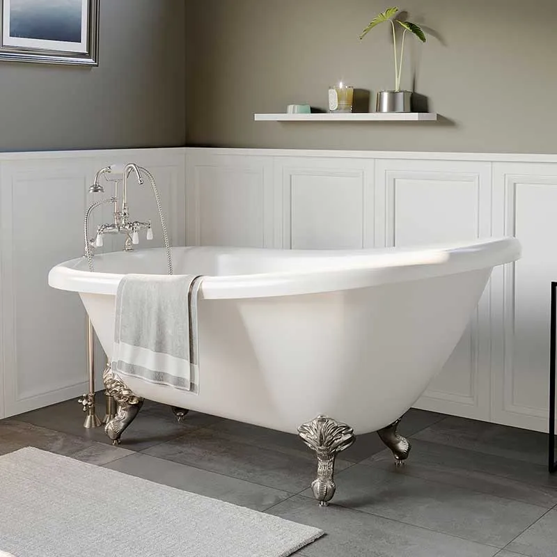 Cambridge Plumbing Acrylic Slipper Bathtub 61" X 28" with 7" Deck Mount Faucet Drillings and Complete Brushed Nickel Plumbing Package
