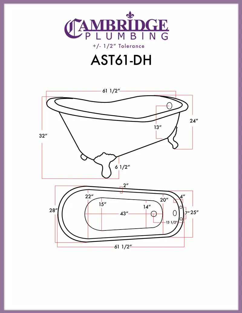 Cambridge Plumbing Acrylic Slipper Bathtub 61" X 28" with 7" Deck Mount Faucet Drillings and Complete Polished Chrome Plumbing Package