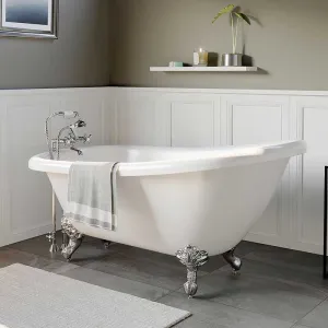 Cambridge Plumbing Acrylic Slipper Bathtub 61" X 28" with 7" Deck Mount Faucet Drillings and Complete Polished Chrome Plumbing Package