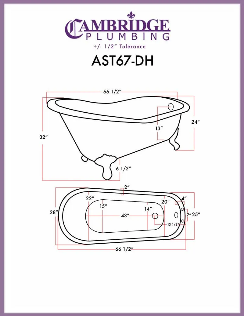 Cambridge Plumbing Acrylic Slipper Bathtub 67" X 28" with 7" Deck Mount Faucet Drillings and Oil Rubbed Bronze Feet