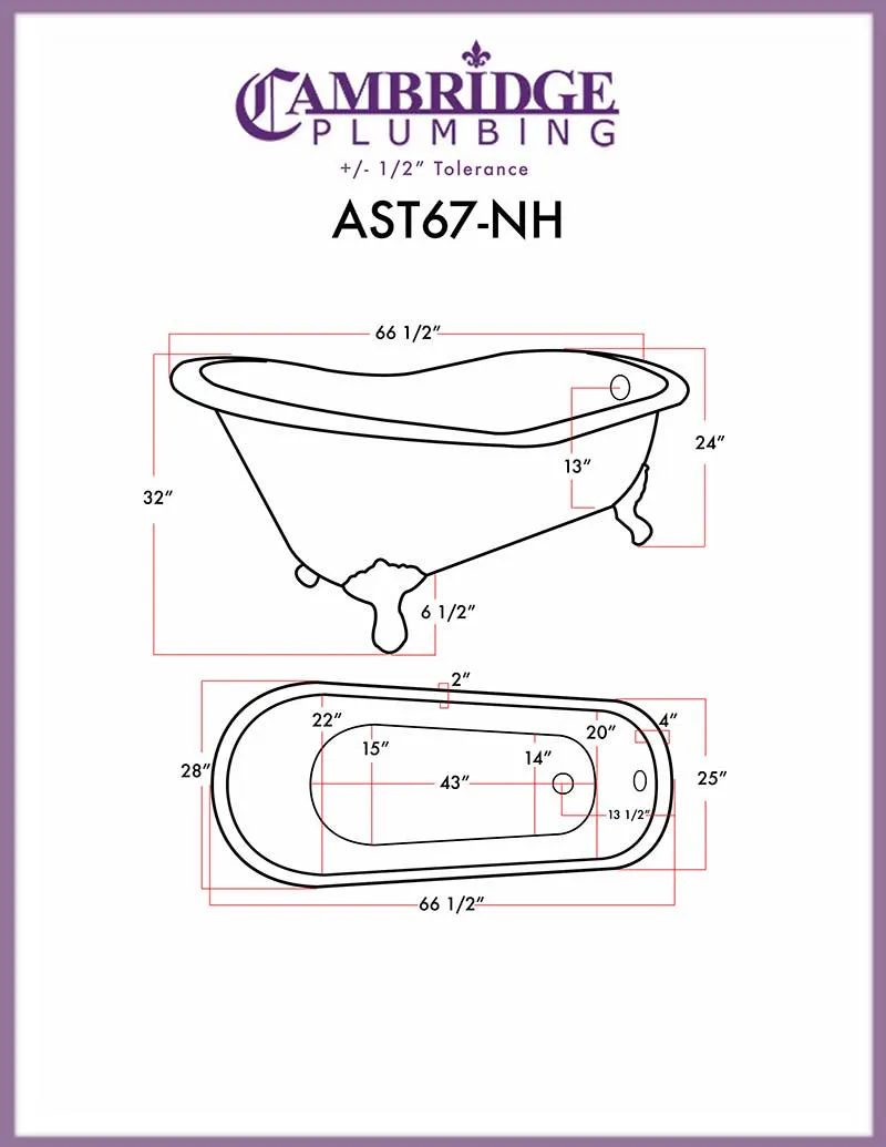Cambridge Plumbing Acrylic Slipper Bathtub 67" X 28" with no Faucet Drillings and Complete Brushed Nickel Plumbing Package