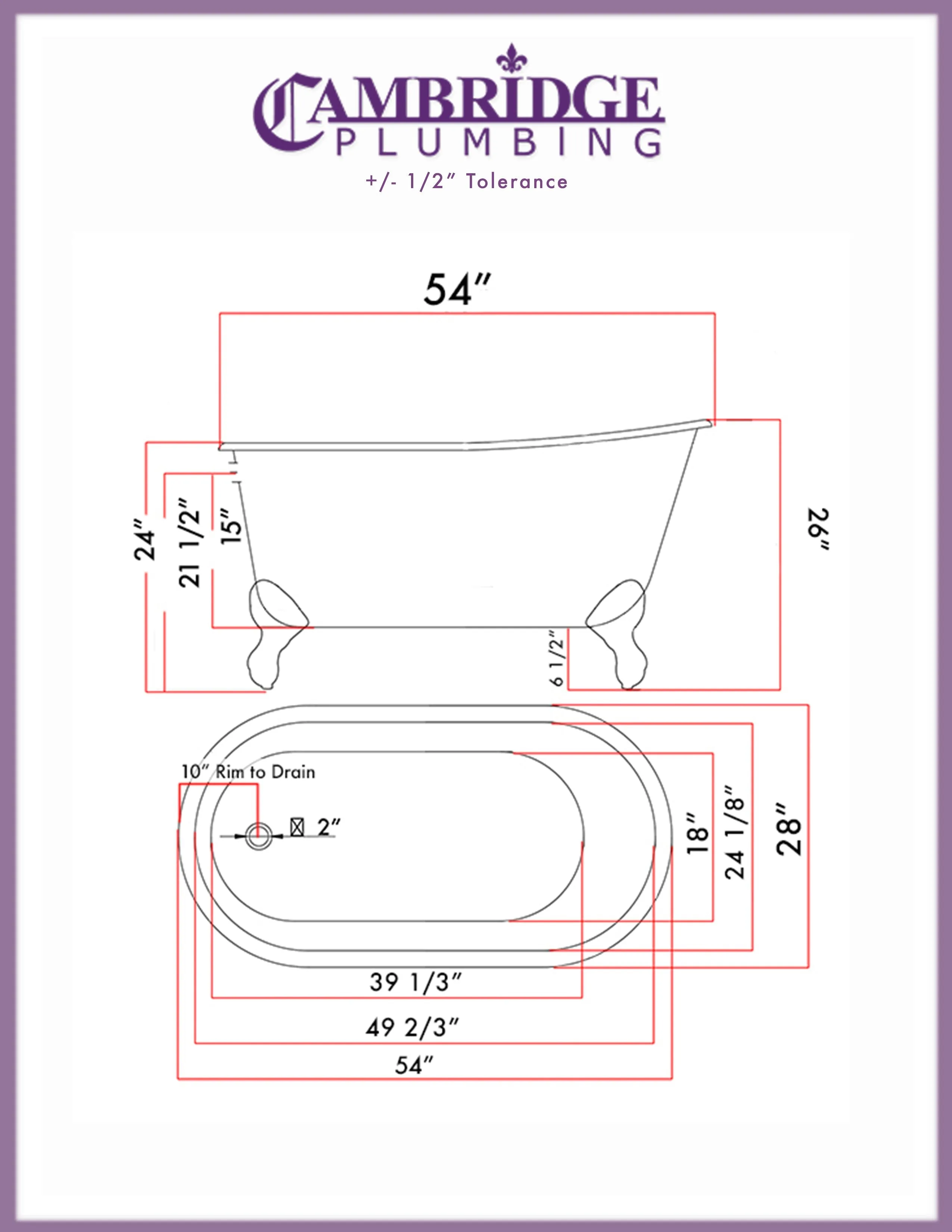 Cambridge Plumbing Cast IronClawfoot Bathtub 54" X 30" Faux Copper Bronze Finish on Exterior with No Faucet Drillings and Oil Rubbed Bronze Feet