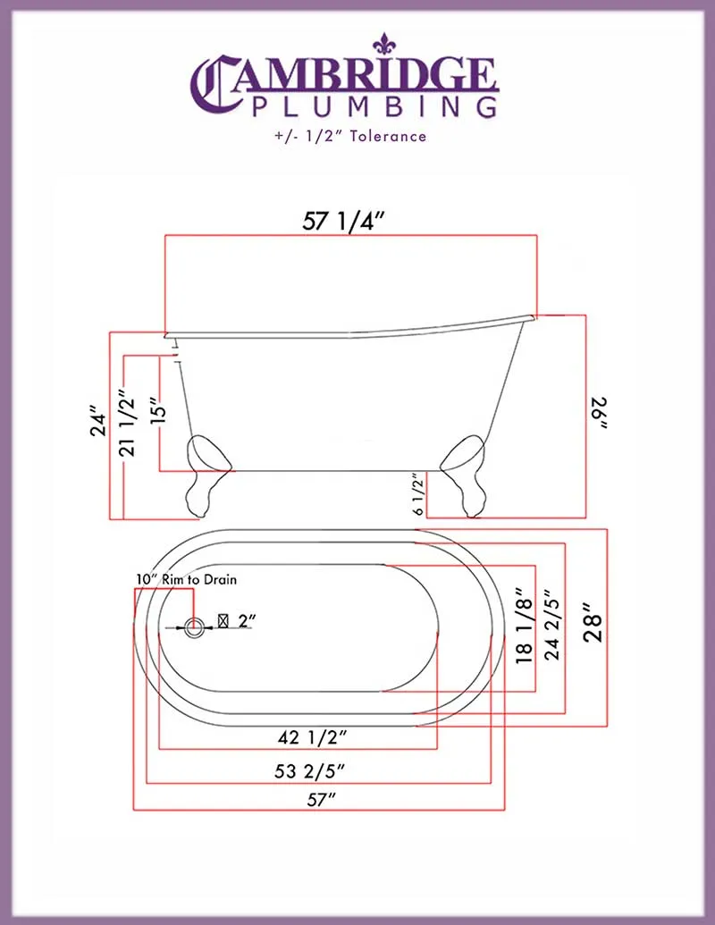 Cambridge Plumbing Cast IronClawfoot Bathtub 58" X 30" Faux Copper Bronze Finish on Exterior with No Faucet Drillings and Oil Rubbed Bronze Feet