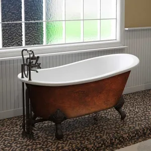 Cambridge Plumbing Cast IronClawfoot Slipper Bathtub 61" X 30" Faux Copper Bronze Finish on Exterior with 7" Deck Mount Faucet Drillings and Oil Rubbed Bronze Feet