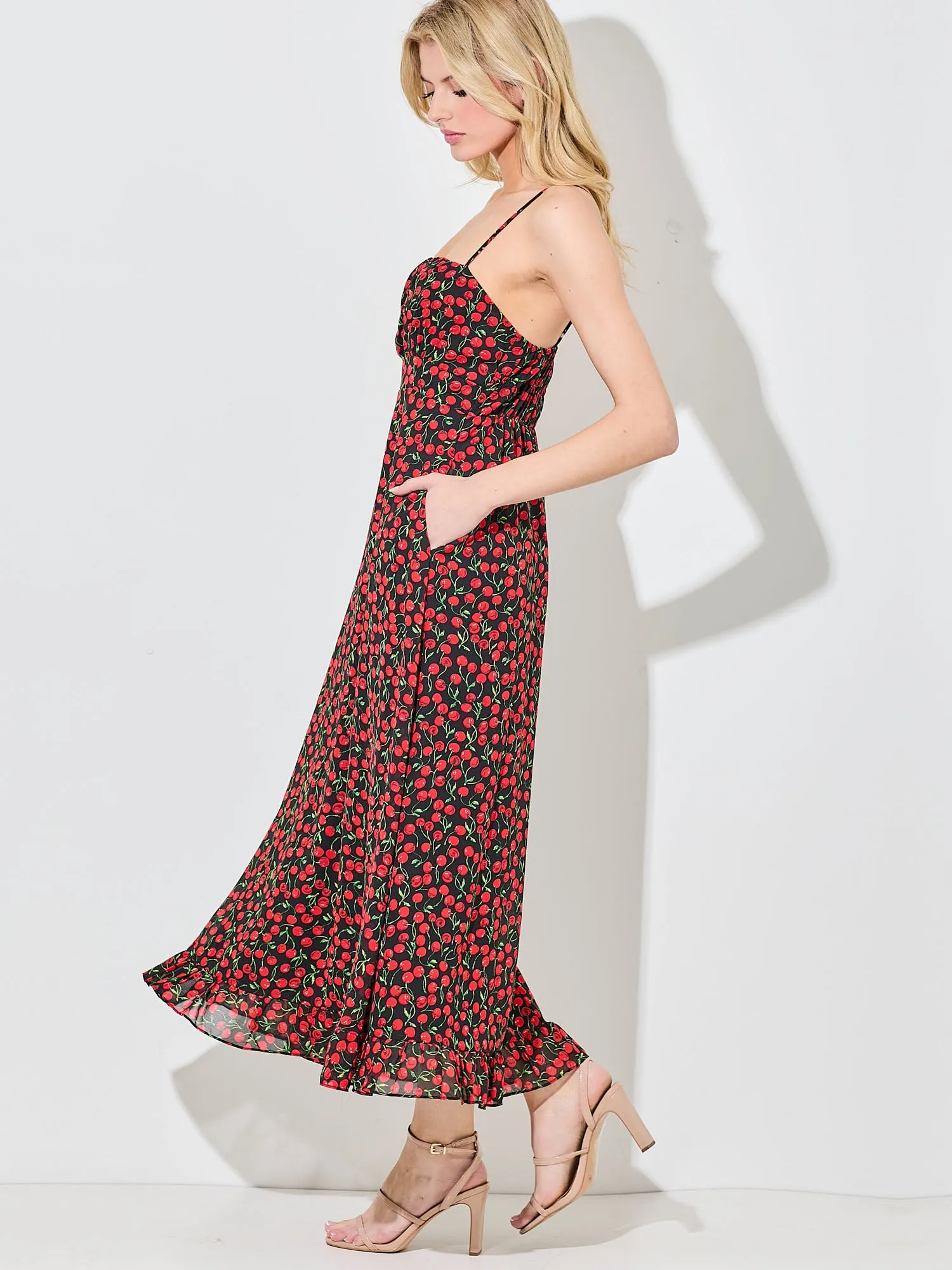 Cherry Print Slip Maxi Dress