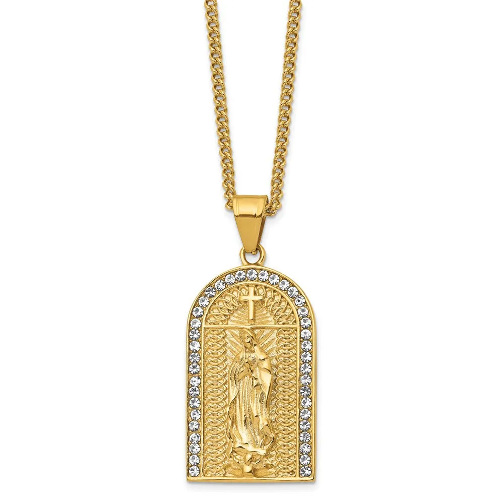 Chisel Stainless Steel Polished Yellow IP-plated with Crystal Blessed Mary Pendant on a 24 inch Curb Chain Necklace