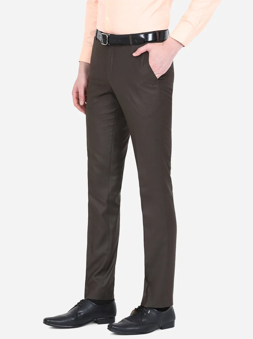 Coffee Brown Solid Slim Fit Formal Trouser | Metal