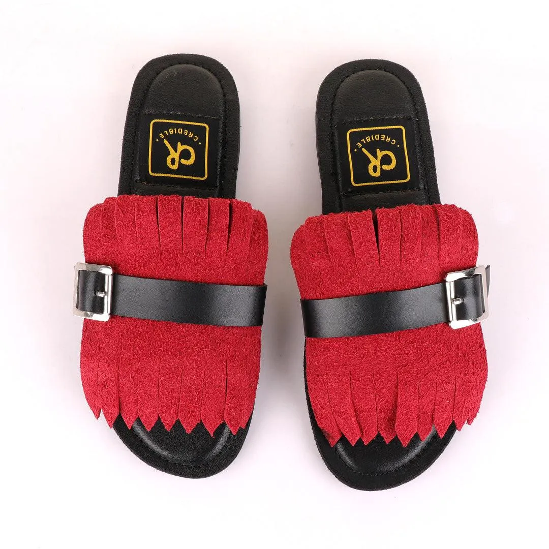 Credible Crown Wine Head Unisex Leather Black Slippers