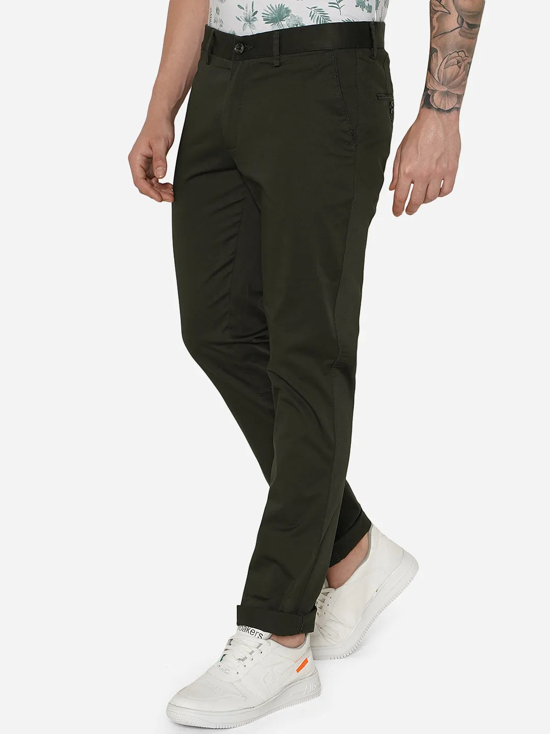 Dark Olive Solid Uno Fit Casual Trouser | JadeBlue