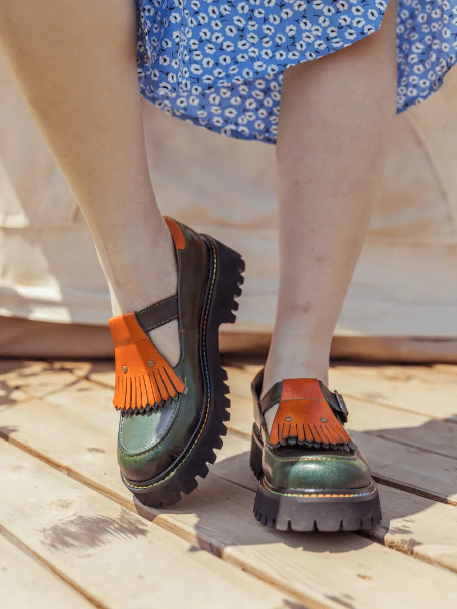 Genuine Leather Seaweed Orange Tassel Mary Jane
