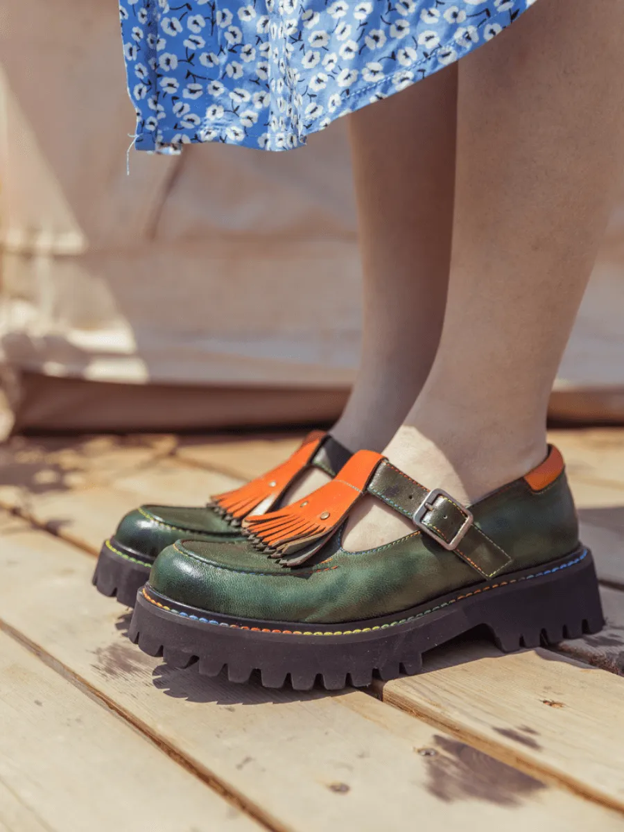 Genuine Leather Seaweed Orange Tassel Mary Jane