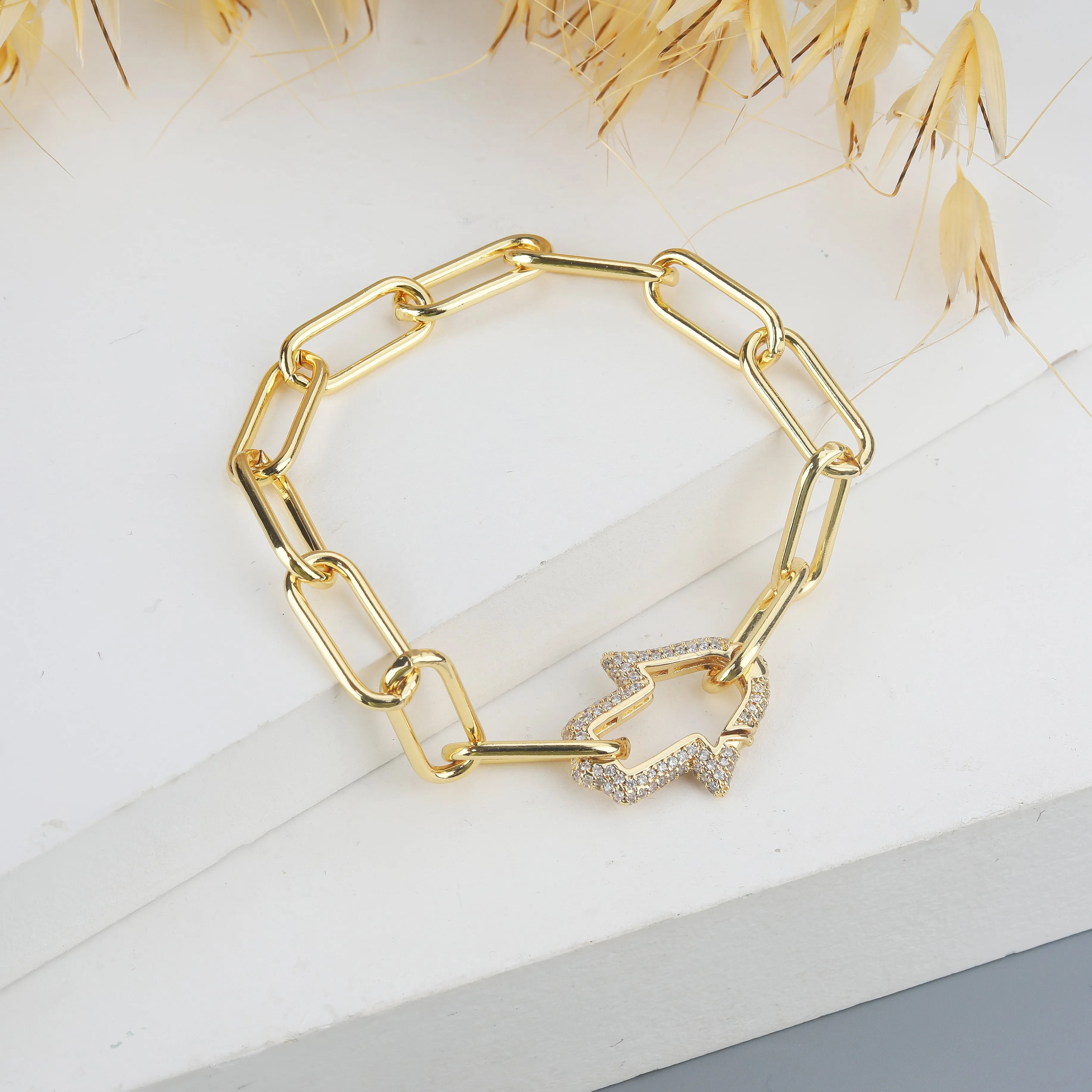Gold Plated Micro Pave Trendy Paper Clip Hamsa, Hand of God, Hand of Fatima Bracelet