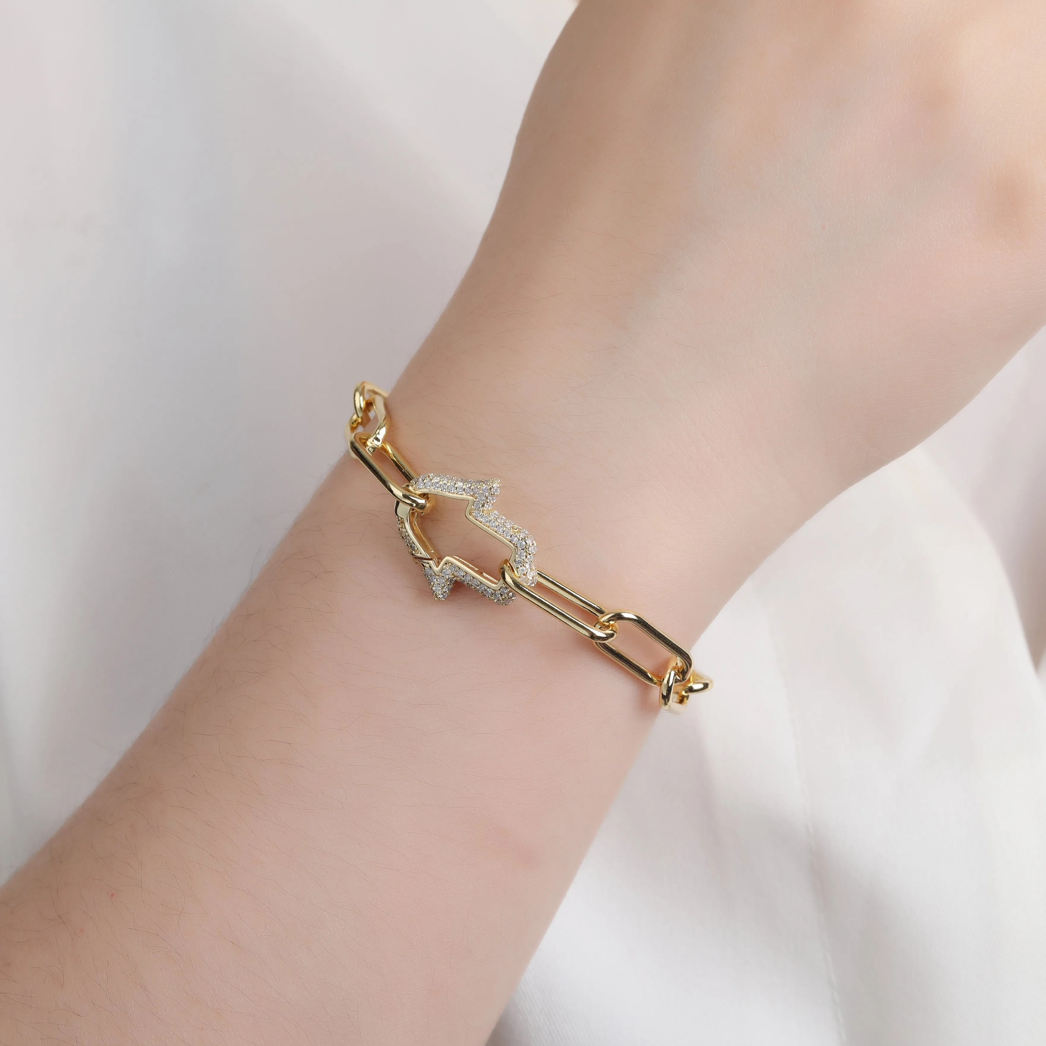 Gold Plated Micro Pave Trendy Paper Clip Hamsa, Hand of God, Hand of Fatima Bracelet