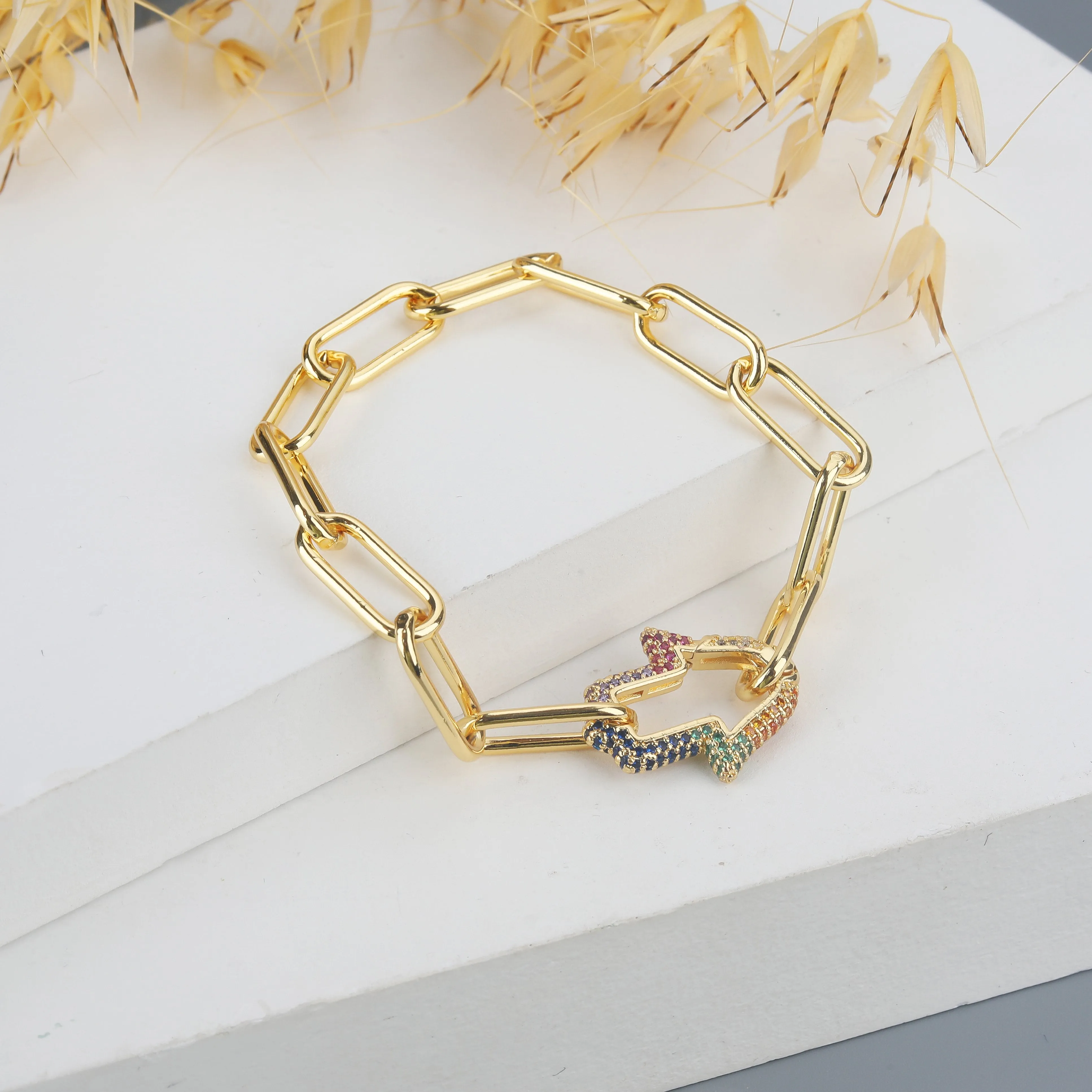 Gold Plated Micro Pave Trendy Paper Clip Hamsa, Hand of God, Hand of Fatima Bracelet