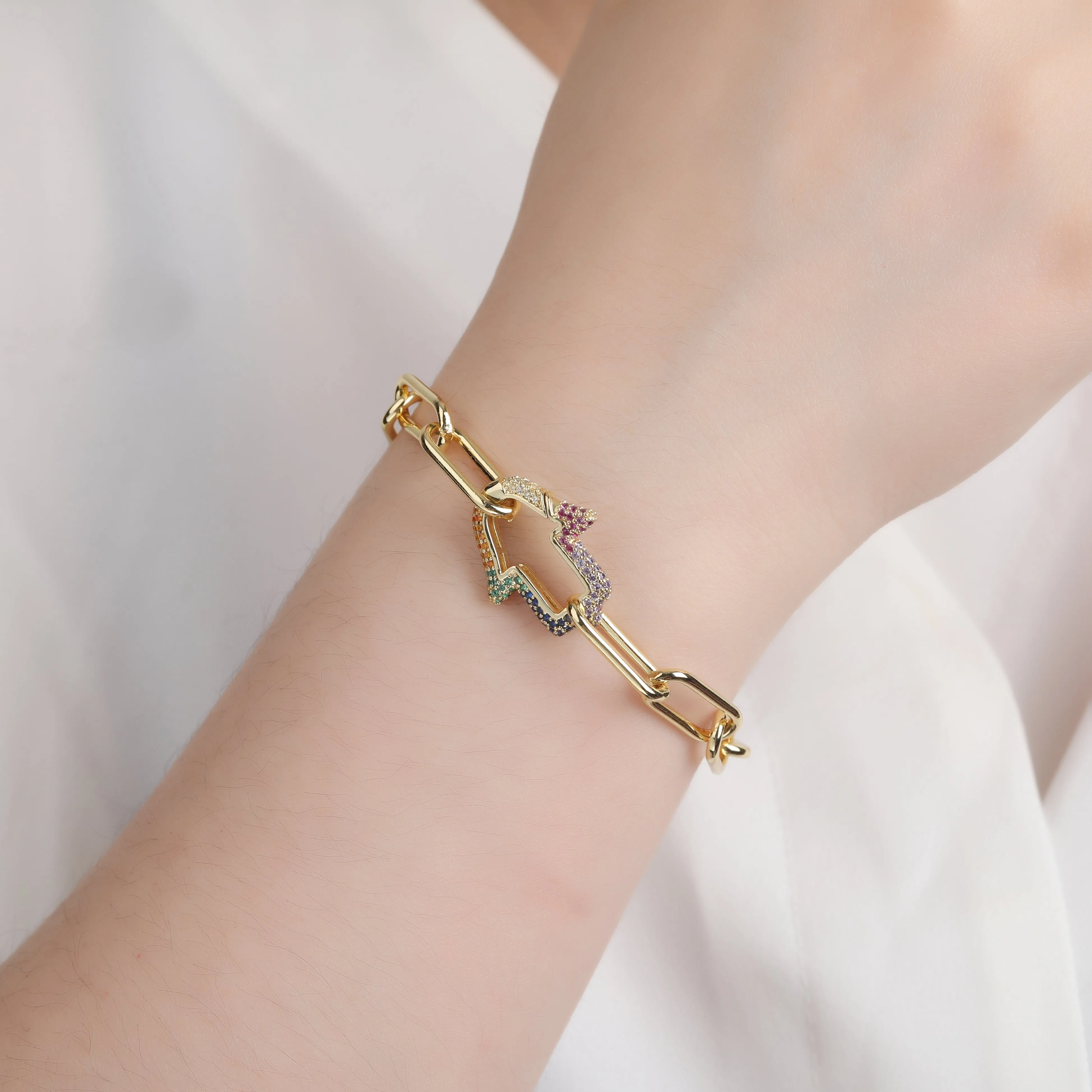 Gold Plated Micro Pave Trendy Paper Clip Hamsa, Hand of God, Hand of Fatima Bracelet