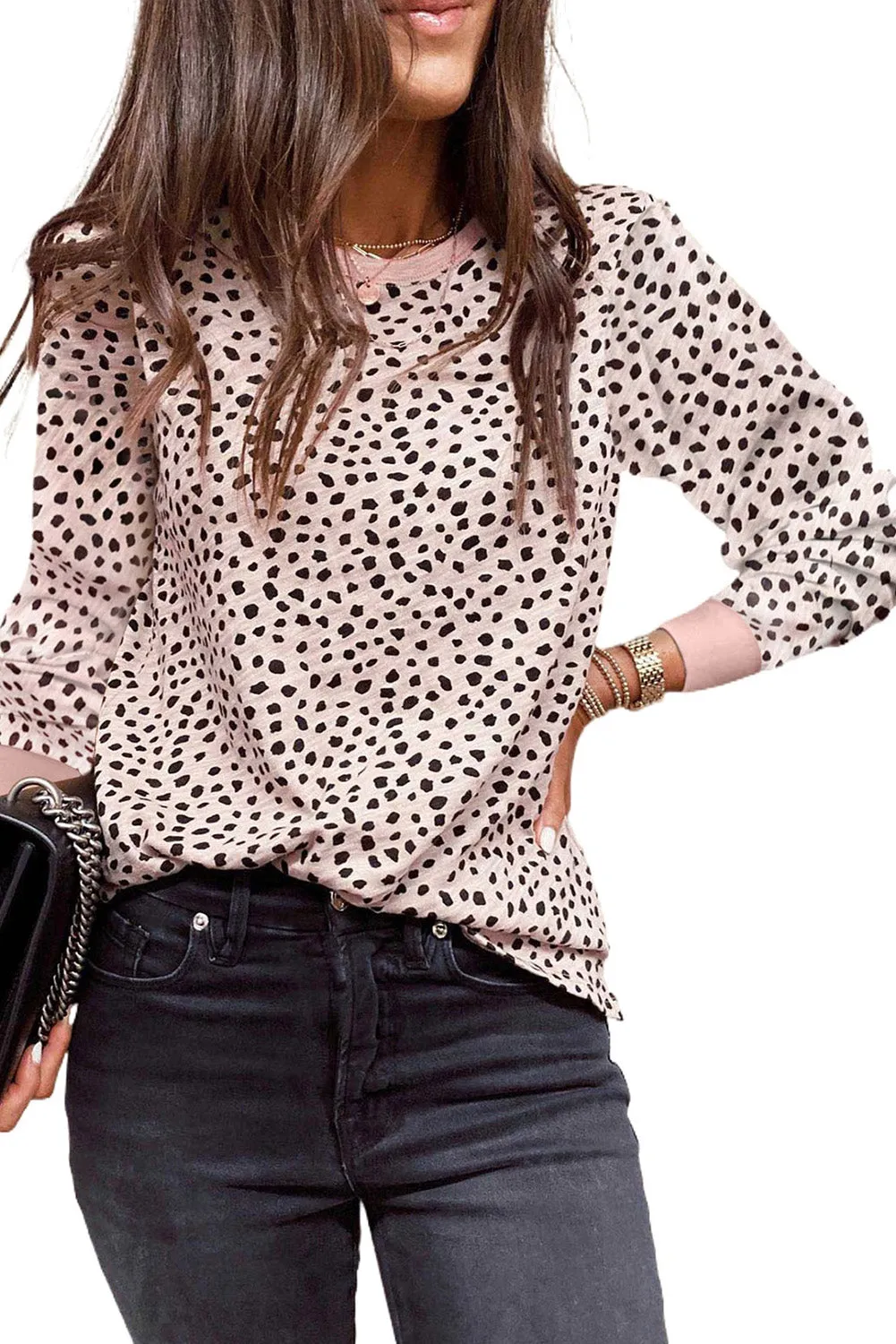 Gray Animal Spotted Print Round Neck Long Sleeve Top