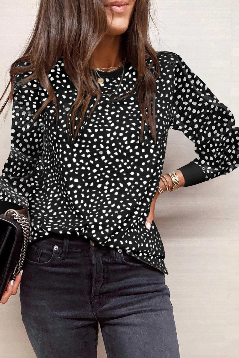 Gray Animal Spotted Print Round Neck Long Sleeve Top