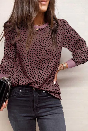 Gray Animal Spotted Print Round Neck Long Sleeve Top