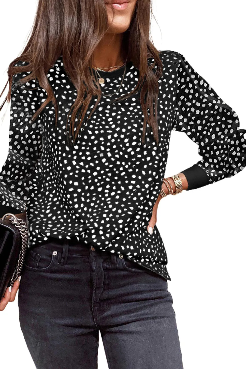 Gray Animal Spotted Print Round Neck Long Sleeve Top