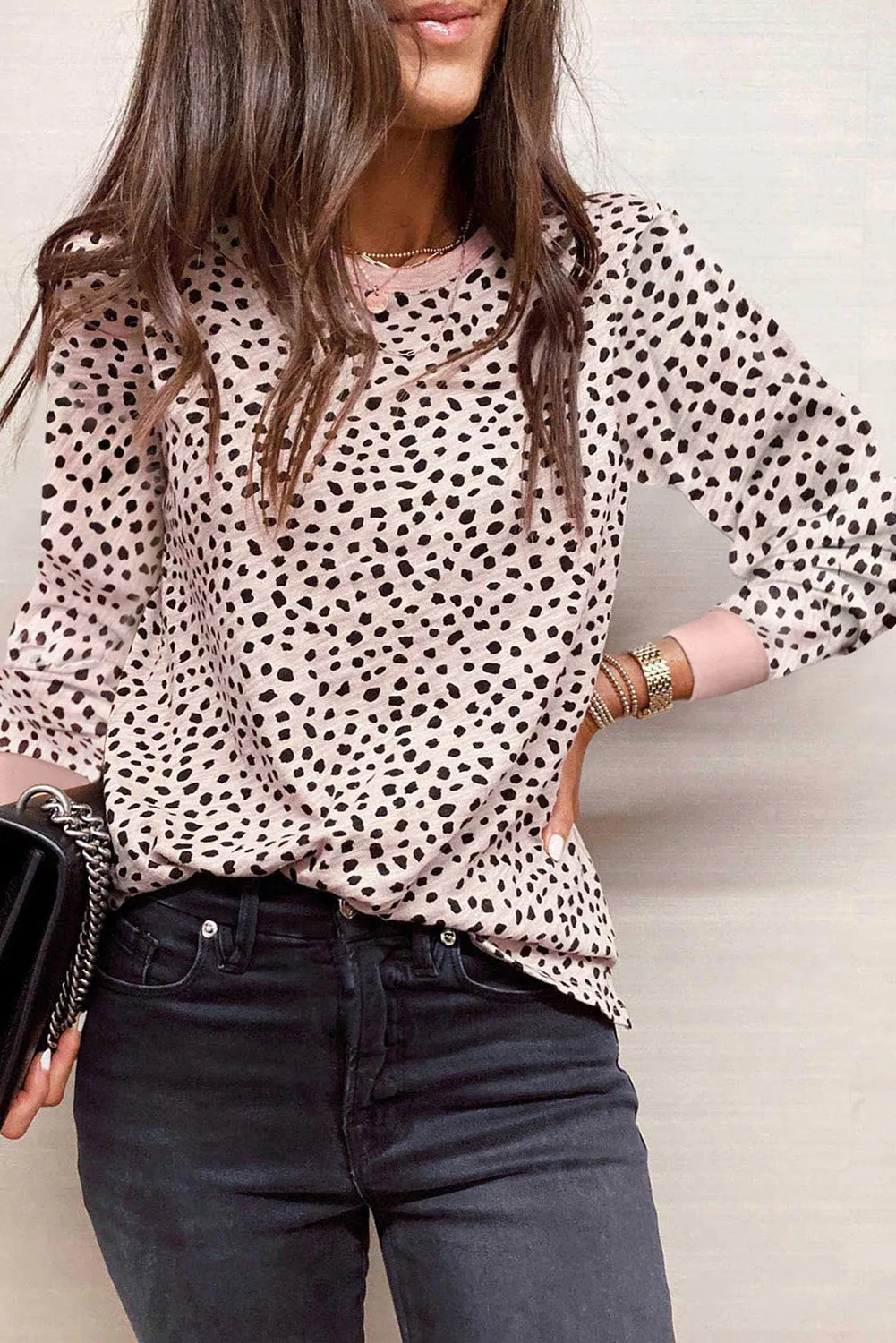 Gray Animal Spotted Print Round Neck Long Sleeve Top
