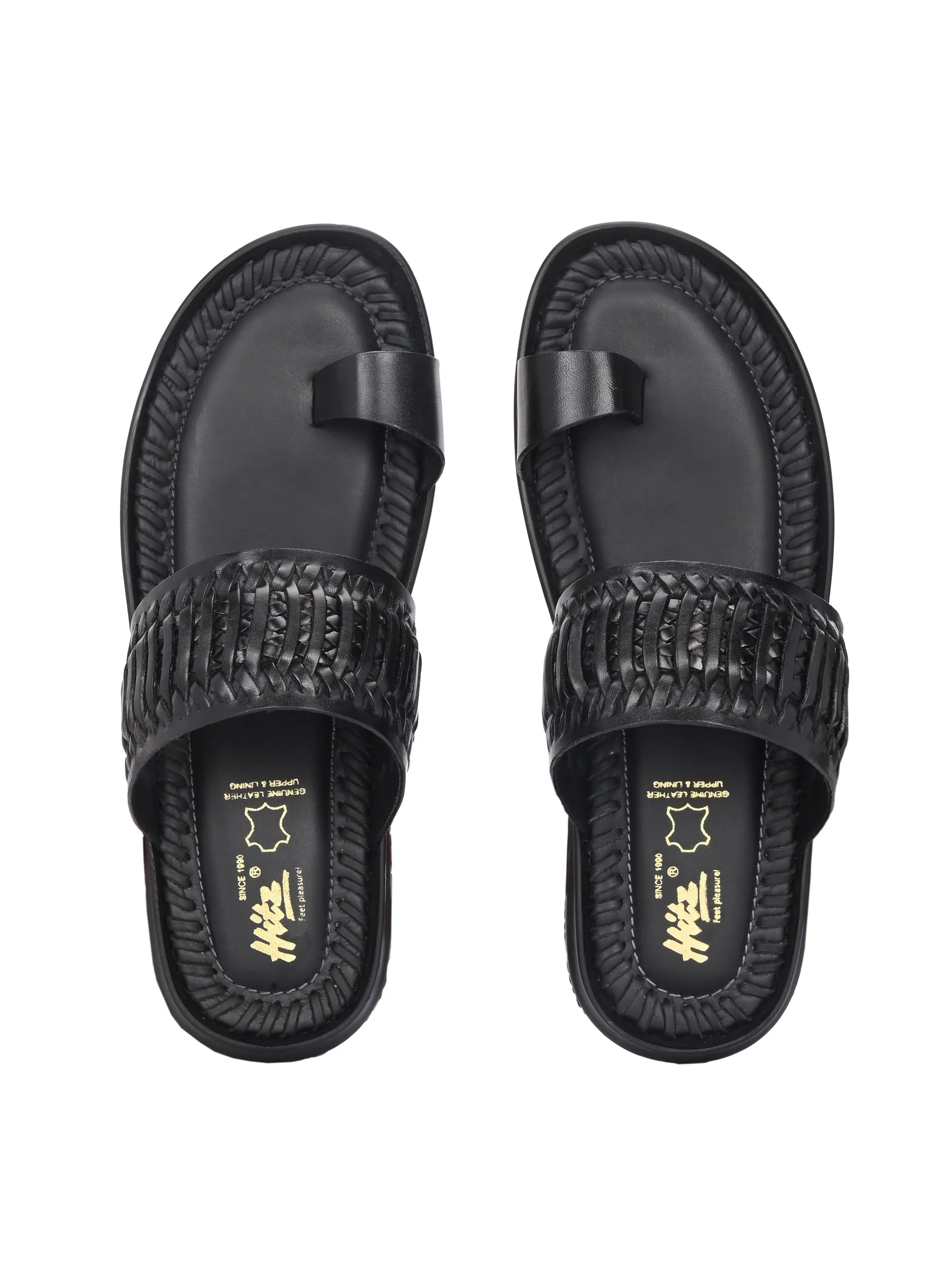 Hitz Men's Black Leather Casual Daily Wear Slipper