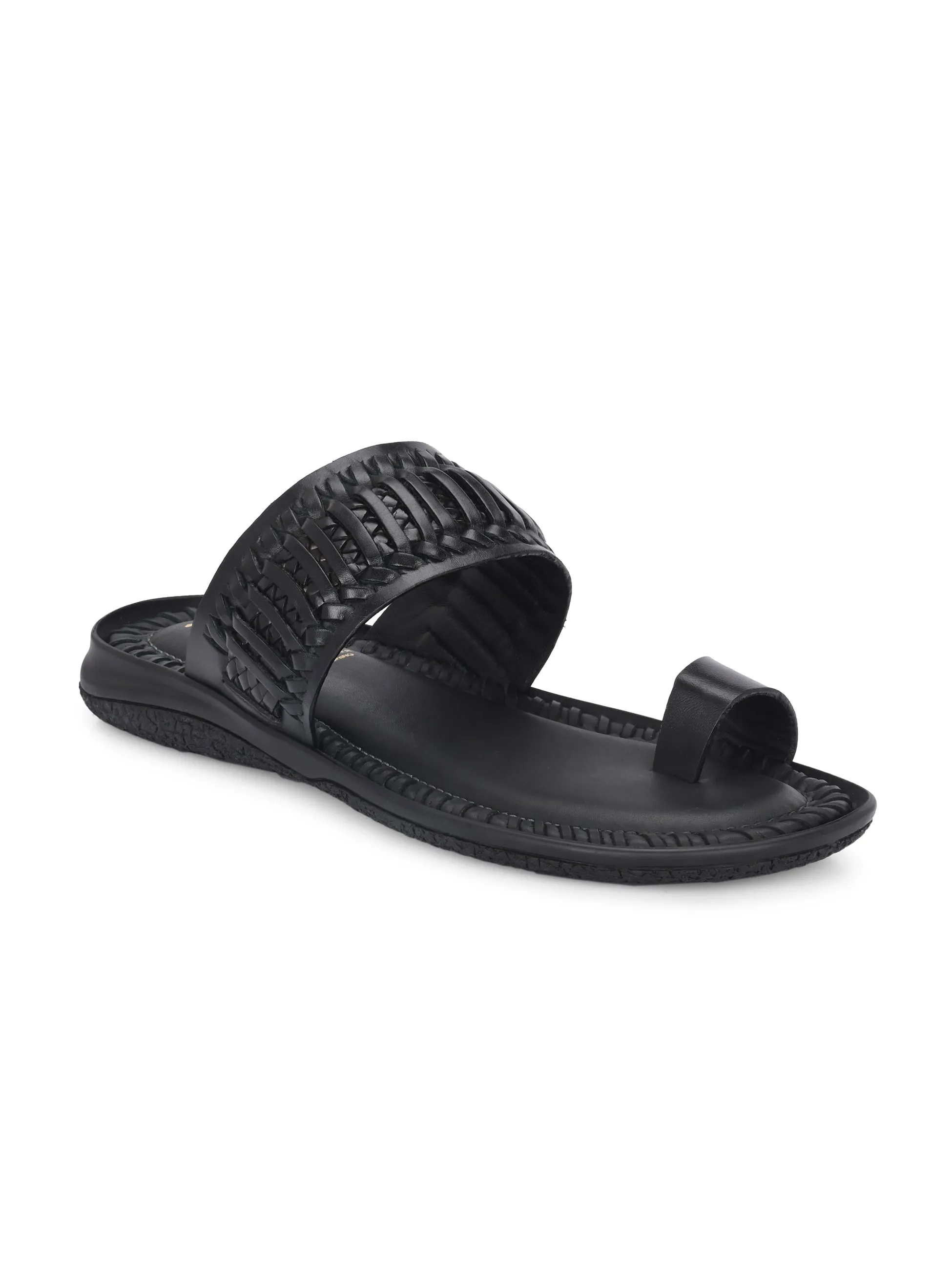 Hitz Men's Black Leather Casual Daily Wear Slipper