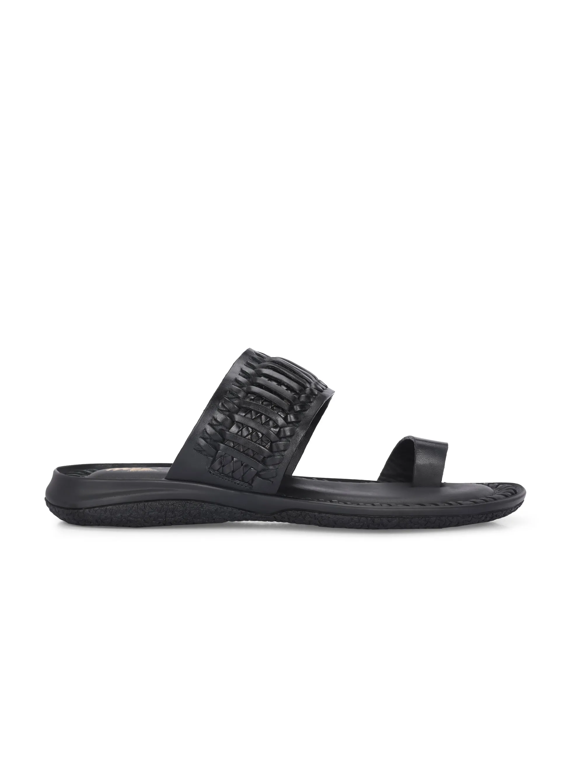 Hitz Men's Black Leather Casual Daily Wear Slipper