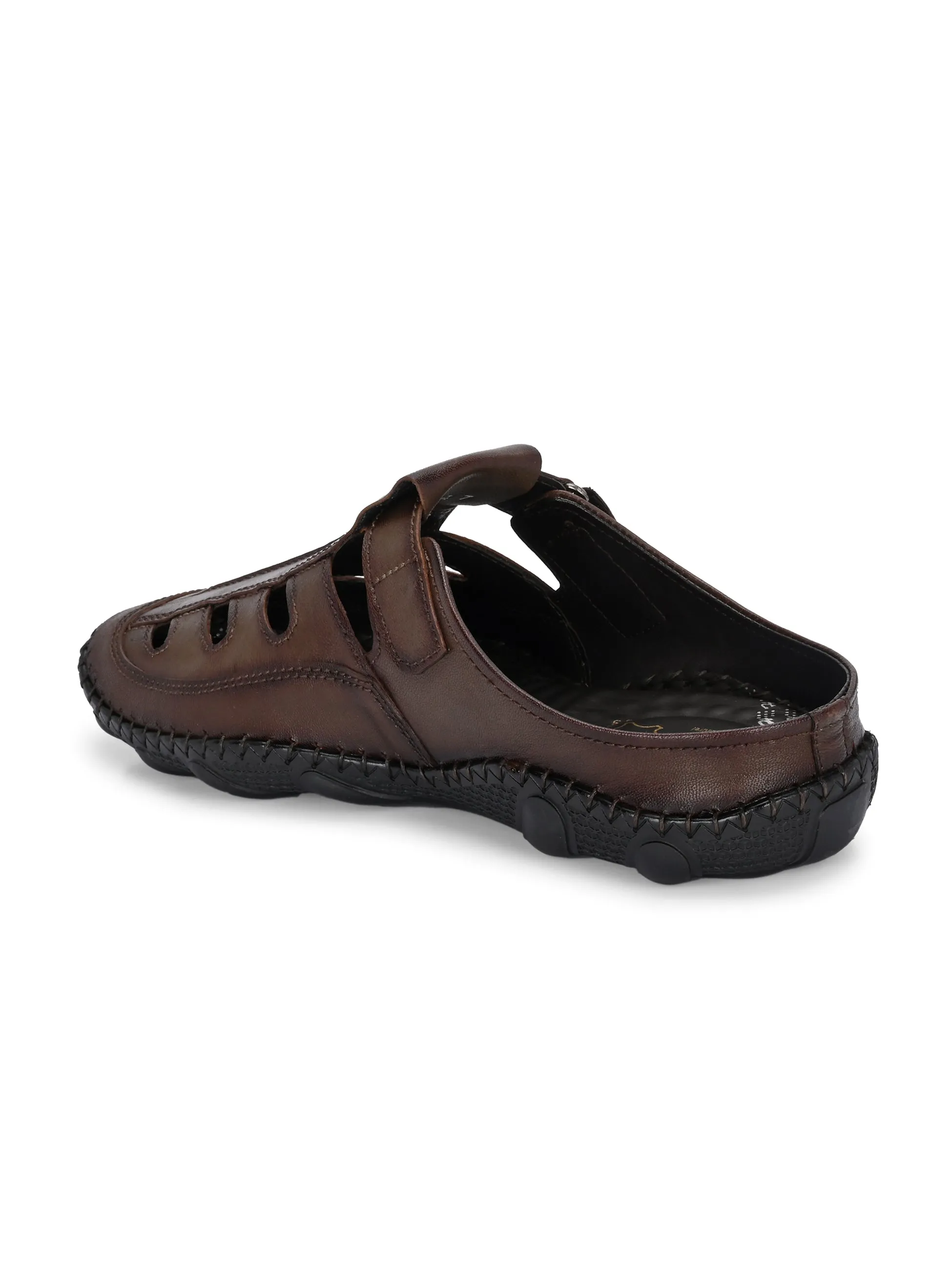 Hitz Men's Brown Leather Casual Daily Wear Velcro Sandals
