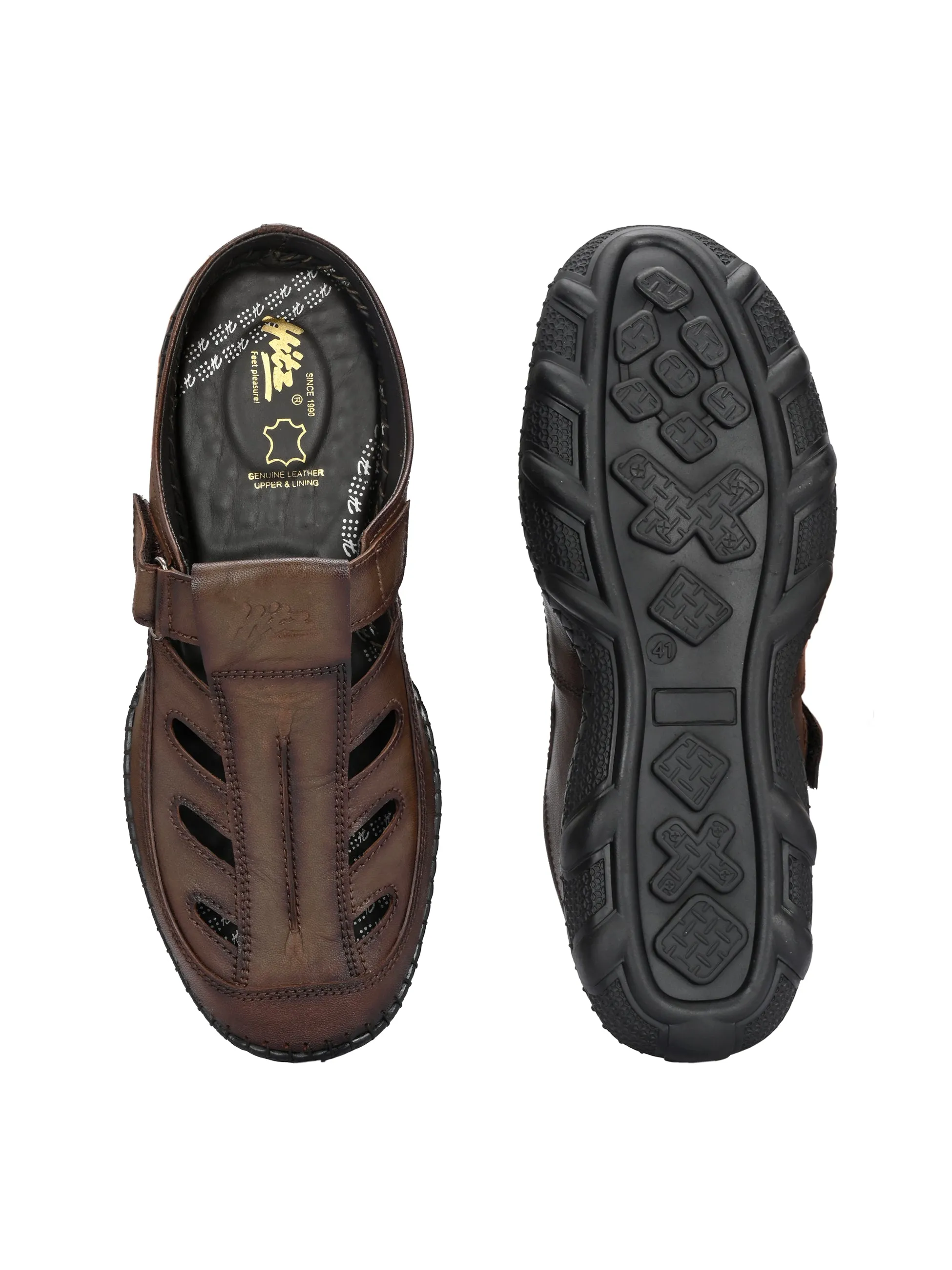 Hitz Men's Brown Leather Casual Daily Wear Velcro Sandals