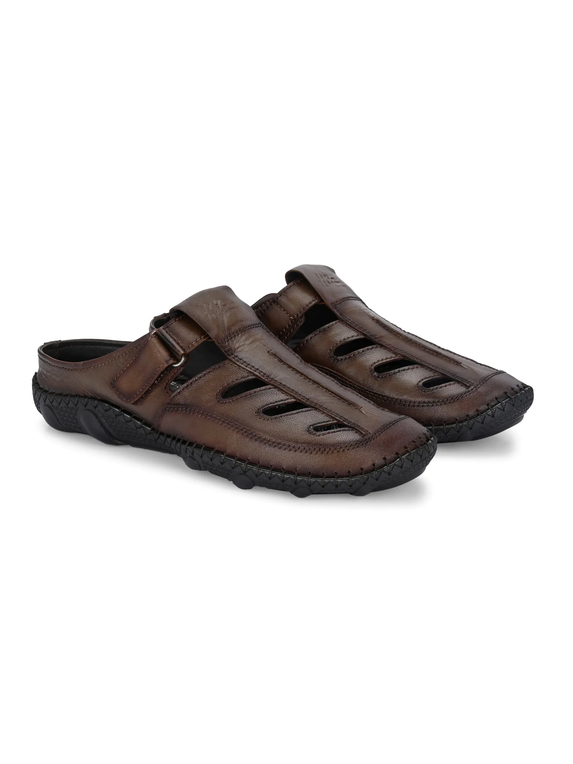 Hitz Men's Brown Leather Casual Daily Wear Velcro Sandals